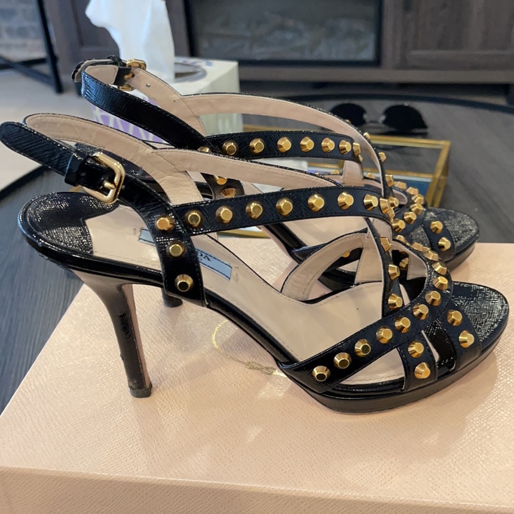 Prada Black Leather Gold Studded Heels - Picture 3 of 6